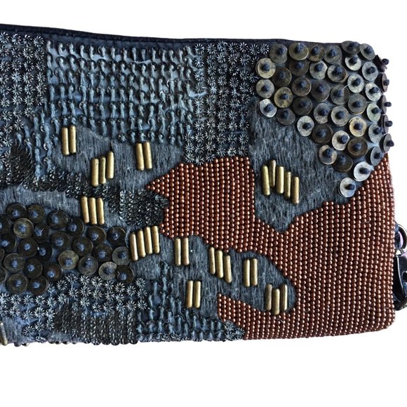 7 Chi Mixed Media Shoulder Bag Clutch Leather Beaded Embroidered Abstract Design - Picture 4 of 7